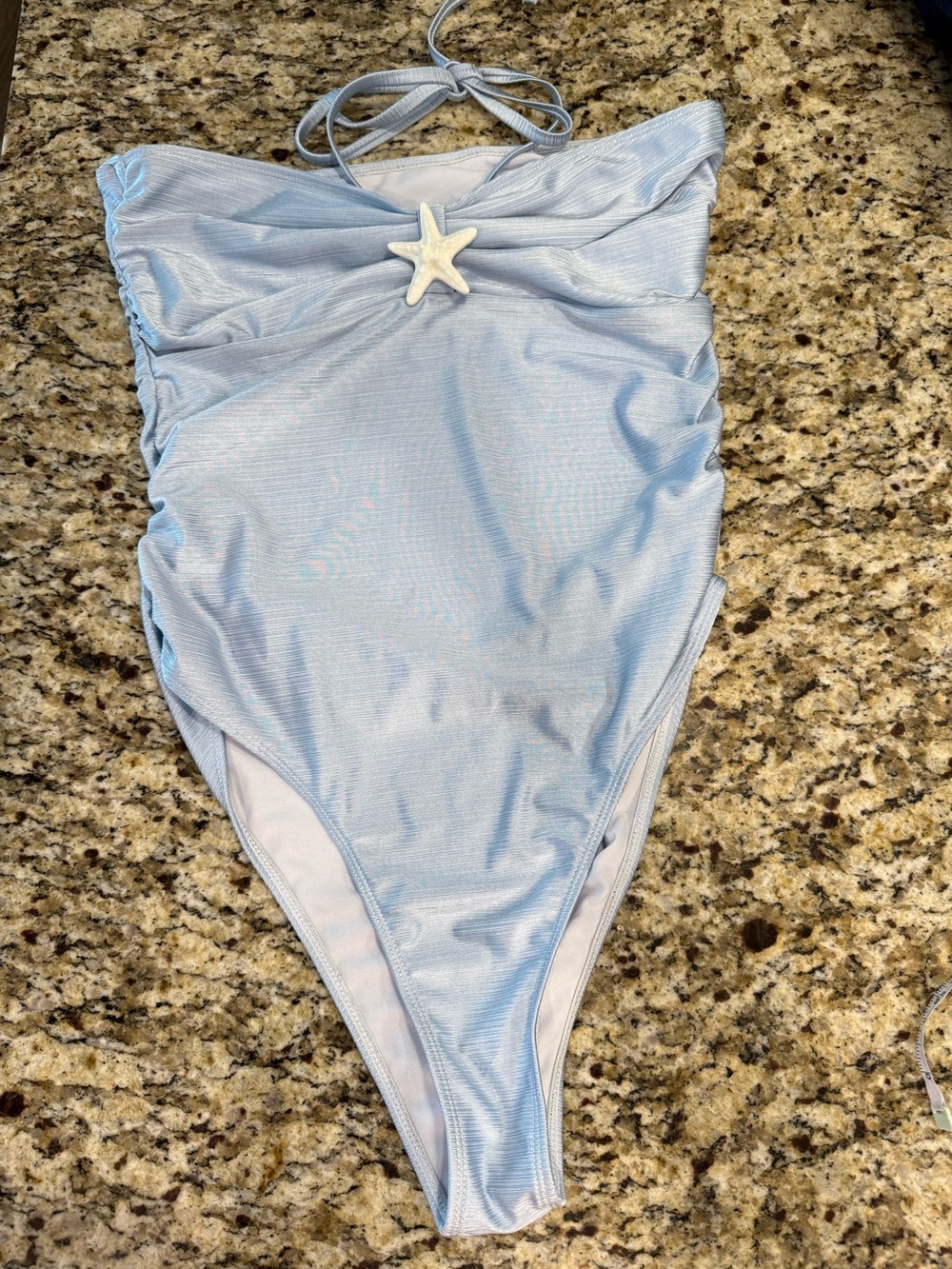 One piece sky blue starfish embellished swimsuit ties at neck preppy mermaid